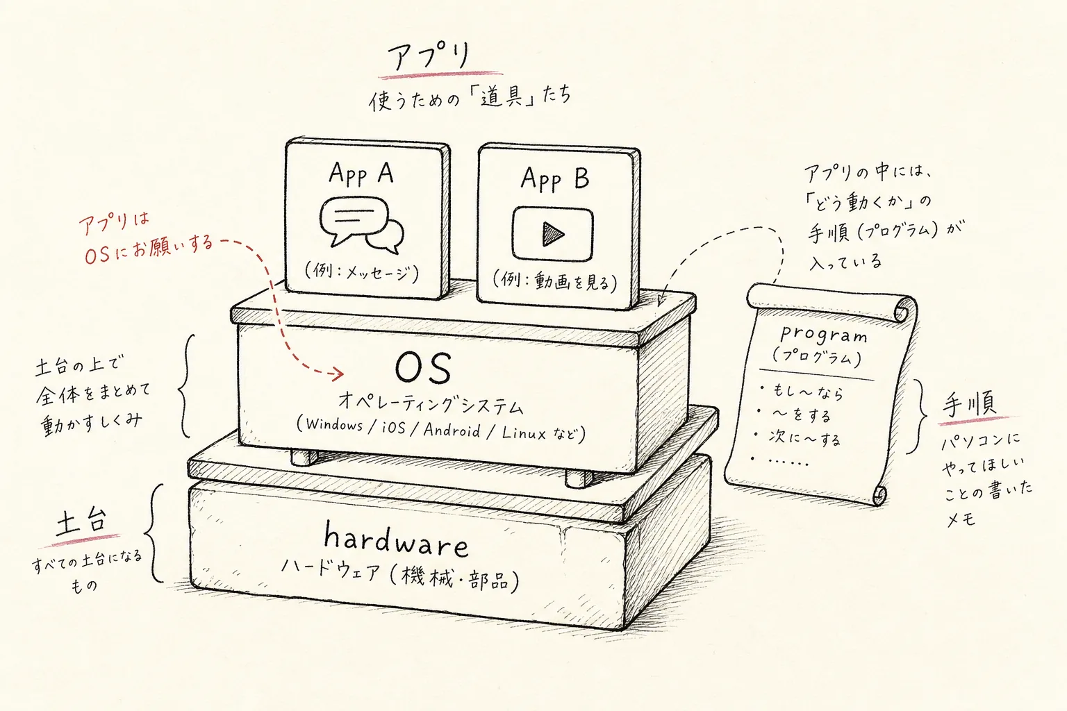 ハードウェアを土台に、OS、その上のアプリ、アプリ内のプログラムを階層として描いた手書き図。